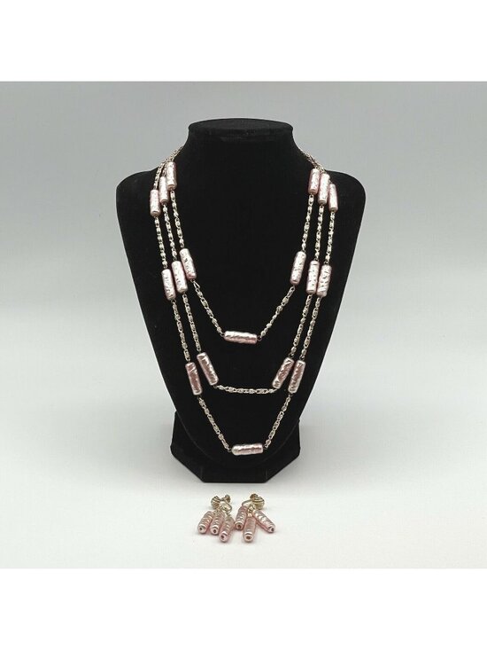 Unsigned Jewelry - Opera Length Necklace Vintage Pearlescent Pink Bead Station 30" Drop + Earrings